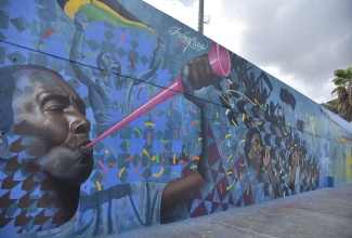 The wall mural at Sabina Park, Kingston, which captures Jamaica's heritage in cricket. The mural, done by Irving Cano Gomez, is a 'Jamaica 60' Legacy Project.