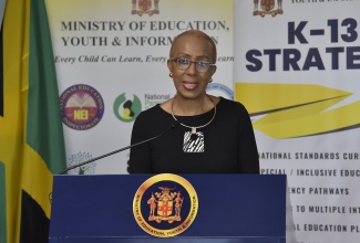 Education, Youth and Information Minister, Hon. Fayval Williams, addressing the virtual Post Sectoral Debate Press Conference, on Thursday (April 29).

