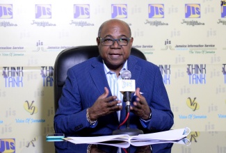 Minister of Tourism, Hon. Edmund Bartlett, addresses a Jamaica Information Service (JIS) 'Think Tank', on April 23, at the agency's Head Office in Kingston.