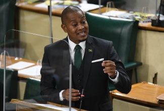 Minister of Agriculture and Fisheries, Hon. Floyd Green, making his 2021/22 Sectoral Debate presentation in the House of Representatives recently, under the theme ‘The New FACE of Food’. (Michael Sloley Photo)

