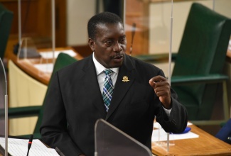 Minister of Transport and Mining, Hon. Robert Montague, speaking during his contribution to the 2021/22 Sectoral Debate in the House of Representatives on May 26.

