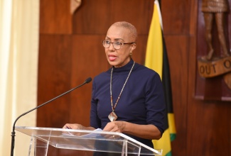 Minister of Education, Youth and Information, Hon. Fayval Williams, speaks at Wednesday’s (June 9) post-Cabinet press briefing, at Jamaica House, in St. Andrew.

