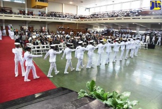 Cadets of the Caribbean Maritime University perform a drill at the University’s Charter Day

