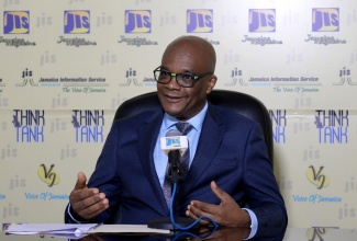 State Minister in the Ministry of Foreign Affairs and Foreign Trade, Senator the Hon. Leslie Campbell, makes a point while speaking at a Jamaica Information Service (JIS) Think Tank held on June 11 at the JIS Head Office in Kingston.