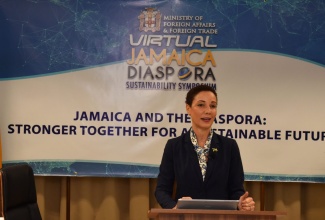 Minister of Foreign Affairs and Foreign Trade, Senator the Hon. Kamina Johnson Smith,​ addresses the opening of the two-day virtual Jamaica Diaspora Sustainability Symposium on Wednesday (June 16).