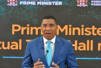 Prime Minister, the Most Hon. Andrew Holness, emphasises a point while addressing a Prime Ministerial town hall meeting, held as part of a virtual Jamaica Diaspora Sustainability Symposium, on Wednesday (June 16). 

