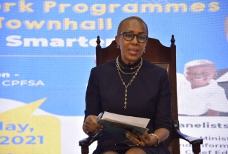 Minister of Education, Youth and Information, Hon. Fayval Williams, speaking at a town hall on the National School Learning and Intervention Plan (NSLIP) held virtually on June 30.

