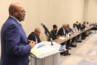 Tourism Minister, Hon. Edmund Bartlett (left), addressing representatives of the Caribbean Alternative Investment Association (CARAIA), during a meeting at the AC Kingston Marriott Hotel, on Thursday (July 29).  The meeting was aimed at discussing the creation of an enabling environment to foster investments, leading to the growth of small and medium-sized tourism enterprises.

