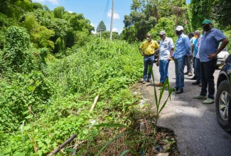 Minister without Portfolio in the Ministry of Economic Growth and Job Creation, Hon. Everald Warmington (second left), looks at a breakaway section of road during a tour of the road network in sections of Clarendon North on August 4. Other members of the touring party (from left) are Manager, Communication and Customer Service, National Works Agency, Stephen Shaw; Member of Parliament for Clarendon North, Dwight Sibblies; and  Councillor for the Kellits Division, Noel Nembhard.

