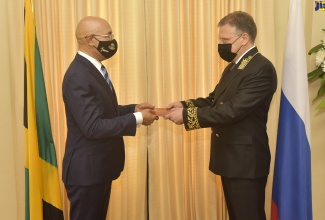 Governor-General, His Excellency, the Most Hon. Sir Patrick Allen (left), receives Letters of Credence from Ambassador-designate of the Russian Federation, Sergey Petrovich at the King’s House on August 12.