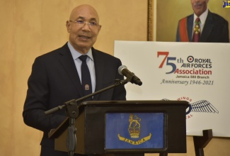 Governor-General, His Excellency, the Most Hon. Sir Patrick Allen commending the Royal Air Forces Association, Jamaica (RAFA) 580-Branch, for its efforts in supporting war veterans; during a ceremony held at the King’s House Ballroom in Kingston on Friday (August 13).