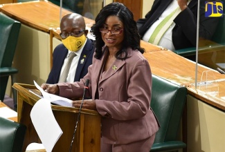 Member of Parliament, St. Thomas Eastern, Dr. Michelle Charles, makes her contribution to the State of the Constituency Debate in the House of Representatives on October 20. Listening keenly at left is Minister of  Housing, Urban Renewal, Environment and Climate Change, Hon. Pearnel Charles Jr., who is Dr. Charles’ brother.