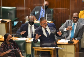 Central Kingston Member of Parliament, Donovan Williams (standing), makes his contribution in the 2021/22 State of the Constituency Debate in the House of Representatives on October 5. 