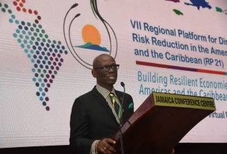 Minister of Local Government and Rural Development, Hon. Desmond McKenzie, speaks at the closing ceremony of the Seventh Regional Platform for Disaster Risk Reduction in the Americas and the Caribbean (RP21) at the Jamaica Conference Centre, on November 4.

