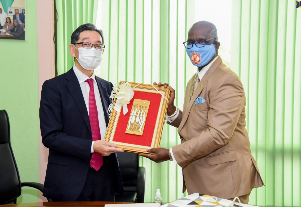 Minister of Local Government and Rural Development, Hon. Desmond McKenzie (right), presents a gift to Ambassador of Japan to Jamaica, His Excellency Hiromasa Yamazaki, when he visited the Ministry's Hagley Park Road offices in Kingston on January 18.