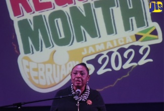 Minister of Culture, Gender, Entertainment and Sport, Hon. Olivia Grange, speaking at the 2022 Reggae Month launch, which was held at the Go For God Family Church in Kingston, yesterday (January 30).   
