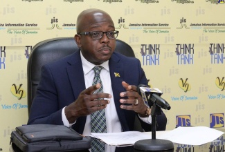 Minister of Agriculture and Fisheries,  Hon. Pearnel Charles Jr., speaks at a JIS ‘Think Tank’, today (March 8).