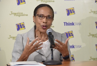 Past President of the Jamaica Association of Professionals in Nutrition and Dietetics (JAPINAD), Dr. Rosalee Brown  (left), addressing a Jamaica Information Service (JIS) Think Tank at the agency’s regional office in Montego Bay, St. James  on March 24.

