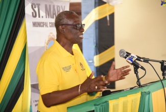Minister of Local Government and Rural Development, Hon. Desmond McKenzie, addresses a ceremony for the handover of flood relief cheques to flood-affected small business owners  in Port Maria,  at the St. Mary’s Anglican Church Hall on Wednesday, March 30.