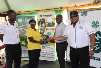 Minister of Agriculture and Fisheries, Hon. Pearnel Charles Jr. (second right), presents Jamaica 4-H Clubs’ Portland Parish Manager, Norma Myers (second left), with the Clover Award for Portland Club volunteer, Carlene Hardy. Occasion was the Clubs’ National Achievement Exposition, held at the Denbigh Showground in Clarendon on Friday (May 13). Others sharing the moment (from left) are Executive Director of the 4-HClubs, Dr. Ronald Blake and Chairman of the organisation, Colin Virgo.

 

