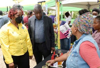 State Minister in the Ministry of Agriculture and Fisheries, Hon. Franklin Witter (right), and Co-Executive Director, Food For the Poor, Kivette Silvera, visit a booth during World Bee Day 2022 activities at the Ministry of Agriculture and Fisheries’ Kingston office on Friday (May 20). 

