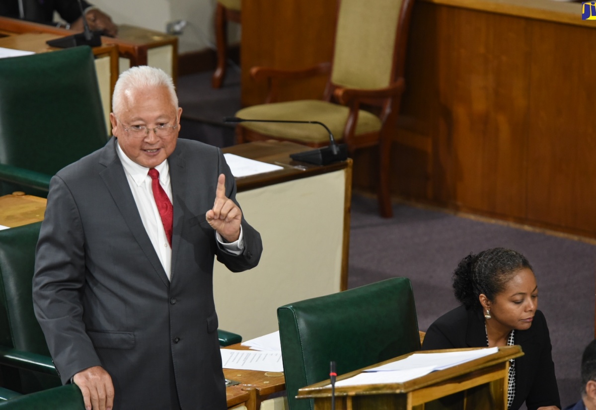 Minister of Justice, Hon. Delroy Chuck (at lectern), highlights a matter of interest while making his contribution to the 2022/23 Sectoral Debate in the House of Representatives on Wednesday (May 4). Also pictured is Minister of Legal and Constitutional Affairs, Marlene Malahoo Forte.