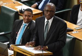 Minister without Portfolio in the Ministry of Economic Growth and Job Creation, with responsibility for Works, Hon. Everald Warmington, makes his contribution to the 2022/23 Sectoral Debate in the House of Representatives on May 11. At left is Minister without Portfolio in the Office of the Prime Minister, Hon. Floyd Green.

