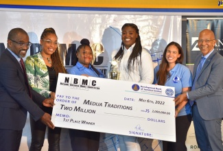 ewly appointed Managing Director of the Development Bank of Jamaica (DBJ),  Anthony Shaw (left) and Executive Director of the Private Sector Organisation of Jamaica (PSOJ),  Imega Breese McNab (second left), present a cheque for $2 million to representatives of Medija Traditions, who are the winners of the DBJ’s 2022 National Business Model Competition (NBMC). The Medija Traditions representatives are Director of Finance, Shantay Siddo (third left) and Founder and Director of Marketing, Shasantay Jennings (third right).  Also joining in the presentation are Executive Director of the Musson Foundation,  Lisa D’Oyen (second right) and former DBJ Managing Director, Milverton Reynolds. The award ceremony was held at the Jamaica Pegasus in New Kingston on May 6.