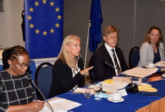 Ambassador, Delegation of the European Union (EU) to Jamaica, Her Excellency Marianne Van Steen (second left), fields questions from journalists during the EU’s Media Editors’ Breakfast held at The Jamaica Pegasus hotel on Wednesday (May 4). Pictured (from left) are Communication Specialist, Political, Press and Information Section, EU Delegation to Jamaica, Althea Buchanan; Deputy Head, European Union (EU) Delegation to Jamaica, Fredrik Ekfeldt; and Programme Manager, EU Delegation to Jamaica, Virginie Andre.
