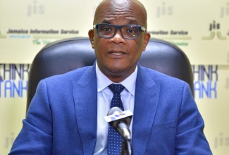 State Minister in the Ministry of Foreign Affairs and Foreign Trade, Senator the Hon. Leslie Campbell, speaking at a recent Jamaica Information Service (JIS) Think Tank held at the agency’s head office in Kingston.