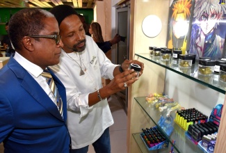 State Minister in the Ministry of Industry, Investment and Commerce, Dr. the Hon. Norman Dunn (left), looks on as President of Epican, Dwayne McKenzie, shows him one of the 16 rare cannabis strains being introduced by Epican to the local market, during the launch on June 15, at Market Place on Constant Spring Road.

