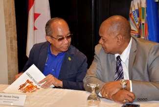 Minister of National Security, Hon. Dr. Horace Chang (left), in dialogue with  Executive Director, National Council on Drug Abuse, Michael Tucker, at the opening of the Organization of American States (OAS): Inter-American Drug Abuse Control Commission (CICAD) training workshop on monitoring and evaluation of national drug policies, strategies and plans. The ceremony was held on June 15, at The Jamaica Pegasus hotel in New Kingston. 