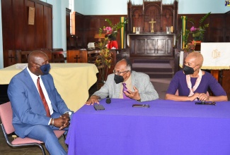 Minister of Education and Youth, Hon. Fayval Williams (right), listens as Chairman of the Jamaica Education Transformation Commission (JETC), Professor Orlando Patterson (centre), speaks with Principal of Kingston College, Dave Myrie, during their visit today (June 2) 