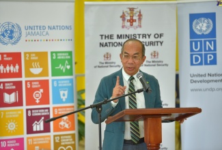 Deputy Prime Minister and Minister of National Security, Hon. Dr. Horace Chang, addressing the launch of the ‘Reduced Small Arms and Light Weapons in Jamaica’ Project at the Jamaica Evangelistic Centre in Norwood Heights, St. James, on Friday (June 17).  