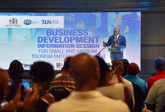 Tourism Minister, Hon. Edmund Bartlett, addresses the Tourism Enhancement Fund (TEF) business development information session for small and medium-sized tourism enterprises (SMTEs) at The Jamaica Pegasus hotel in New Kingston, on Wednesday (June 8).