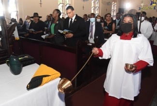 Prime Minister, the Most Hon. Andrew Holness (right), and the Most Hon. Juliet Holness (second right), participate in the official funeral for late Minister of Labour and Social Security, Hon. Shahine Robinson, at the St. Matthew’s Anglican Church in Claremont, St. Ann, on Monday, July 4. Among others in attendance (from left) are Minister of Culture, Gender, Entertainment and Sport, Hon. Olivia Grange; Deputy Prime Minister and Minister of National Security, Hon. Dr. Horace Chang; and Member of Parliament for St. Ann South East, Lisa Hanna. 