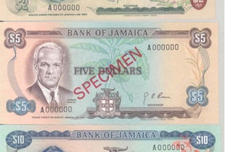 Bank of Jamaica on- dollar note bearing the image of former Prime Minister and National Hero, Sir Alexander Bustamante; Bank of Jamaica two-dollar note bearing the image of National Hero Paul Bogle; Bank of Jamaica five-dollar note bearing the image of National Hero, Norman Manley; Bank of Jamaica 10-dollar note bearing the image of National Hero, George William Gordon and Bank of Jamaica fifty-cent note, bearing the image of National Hero, Marcus Mosiah Garvey.

