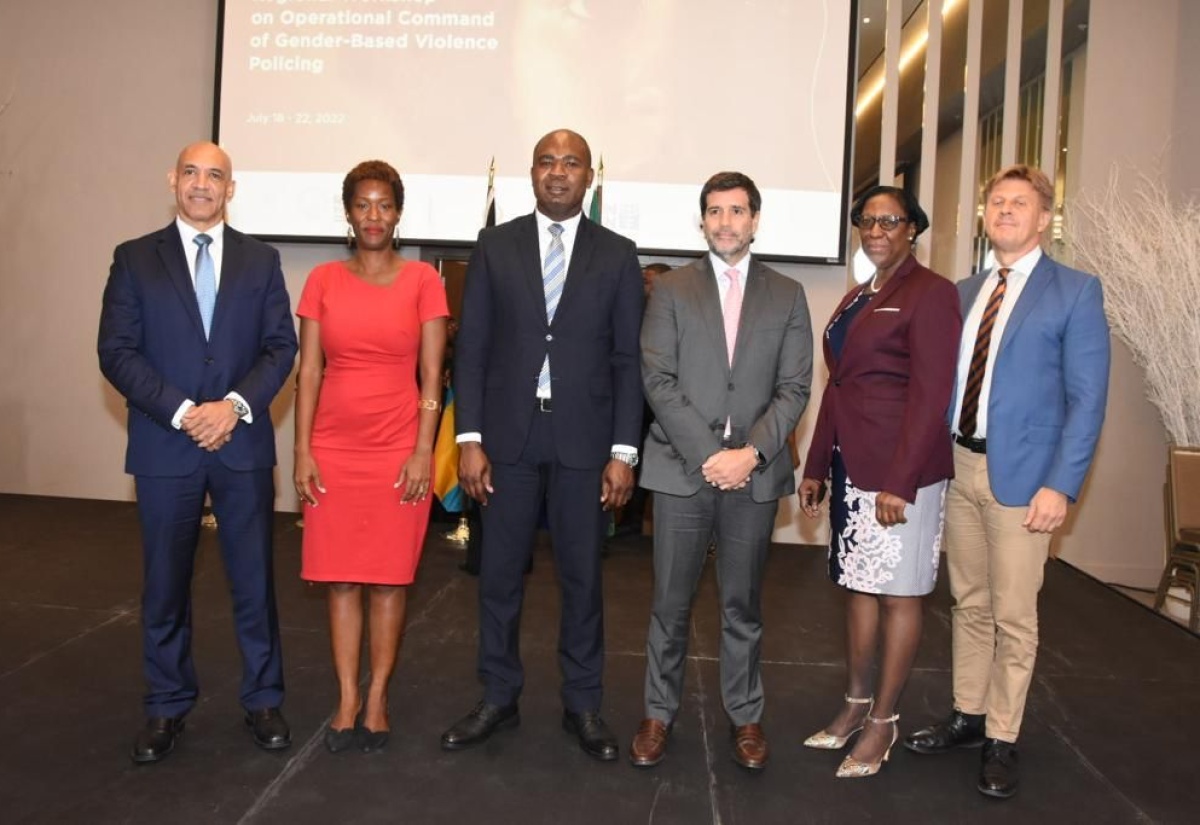 Minister of State in the Ministry of National Security, Hon. Zavia Mayne (third left), with (from left): Commissioner of Police, Major General Antony Anderson; Representative UN Women Multi-Country Office Caribbean, Ms. Tonni Brodber; Representative (acting), Jamaica Country Office, IDB, Mr. Lorenzo Escondeur; Principal Director, Gender Affairs, Ministry of Culture, Gender, Entertainment and Sport, Ms. Sharon Robinson, and Deputy Head of Delegation for the EU to Jamaica, Mr. Fredrik Ekfeldt, at the Regional Knowledge Exchange on Operational Command of Gender-Based Violence (GBV) five-day workshop, at the AC Marriot Hotel, on July 18.