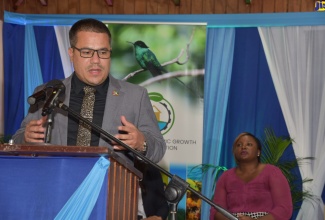 Minister without Portfolio in the Ministry of Economic Growth and Job Creation, Senator the Hon. Matthew Samuda (left), speaks on the management of plastics and the environment, during a Plastics Forum, held virtually on Tuesday, August 30.  Seated is  Head of the Technical Regulations Unit in the Bureau of Standards Jamaica, Phillipa O’Conner Bennett.