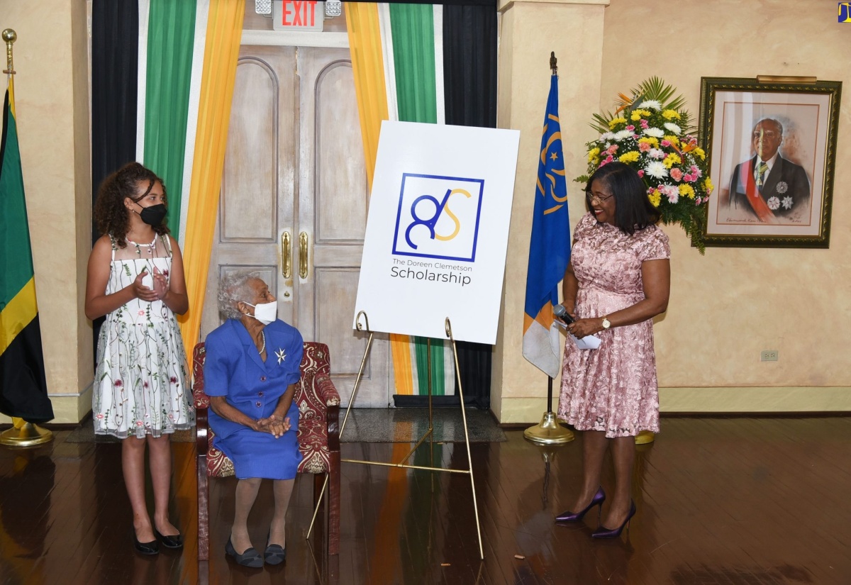 Wife of the Governor General and Patron of the Girl Guides Association of Jamaica, Her Excellency the Most Hon. Lady Allen (right), launches the Doreen Clemetson Scholarship during a function held at King’s House on September 22. Looking on (from left) are Maryn Goulbourne and Marie Clemetson. The scholarship honours the memory of Doreen Clemetson, late former President and Chief Commissioner of the Girl Guides of Jamaica and Principal of Hopefield Preparatory School, one of Jamaica's top-performing primary-level institutions.

 