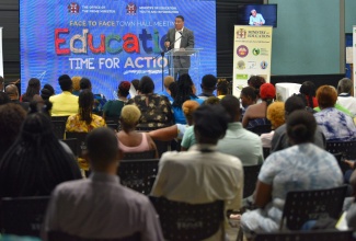 Prime Minister, the Most Hon. Andrew Holness, addresses the audience at the Office of the Prime Minister’s (OPM) Face-to-Face Town Hall Meeting on Education on Friday (September 9), at Jamaica College in St. Andrew.

