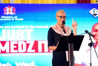 Education and Youth Minister, Hon. Fayval Williams, speaking at the semi-virtual launch of the Ministry’s violence prevention in schools initiative, ‘Just Medz It’, on Wednesday (October 19), at Wolmer’s Boys’ School in Kingston.
Adrian Walker Photo
