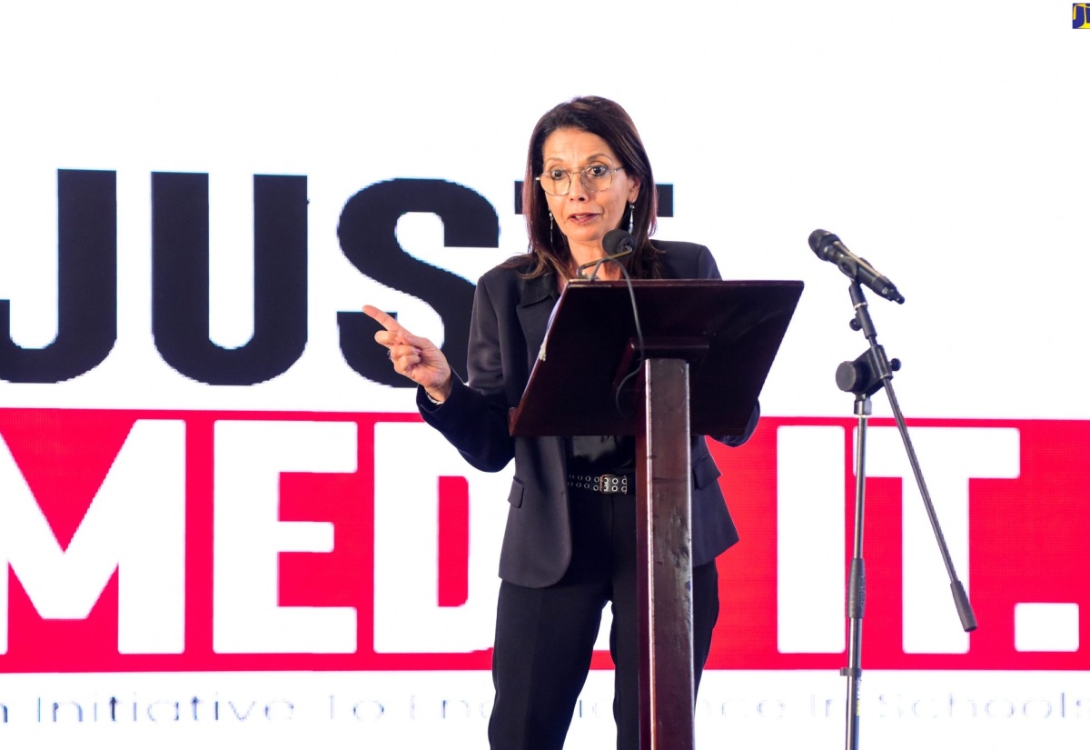 United Nations Special Representative of the Secretary General on Violence Against Children, Dr. Najat Maalla M’jid, speaks at the launch of the Ministry of Education and Youth’s school violence prevention initiative, ‘Just Medz It’, on October 19, at the Wolmer’s Boys’ School, National Heroes Circle, and online.