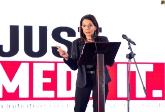 United Nations Special Representative of the Secretary General on Violence Against Children, Dr. Najat Maalla M’jid, speaks at the launch of the Ministry of Education and Youth’s school violence prevention initiative, ‘Just Medz It’, on October 19, at the Wolmer’s Boys’ School, National Heroes Circle, and online.