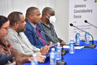 Acting Director, Safety and Security in Schools Unit, Ministry of Education and Youth, Richard Troupe (second right), addressing Wednesday’s (November 16) semi-virtual Anti-Gang Week Townhall meeting at the Office of the Police Commissioner in Kingston. Others (from left) are Deputy Superintendent of Police and Researcher, Joanna Callen; Senior Deputy Director of Public Prosecutions, Office of the Director of Prosecution, Jeremy Taylor; and Lecturer, Social Anthropology, University of the West Indies (UWI), Mona, Dr. Herbert Gayle. 