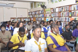 High-school students and teachers being engaged during the recent Jamaica 60 Heritage Lecture and Exhibition, hosted by the Hanover Parish Library in partnership with the Jamaica Information Service (JIS). The event was held at the library in Lucea, Hanover.