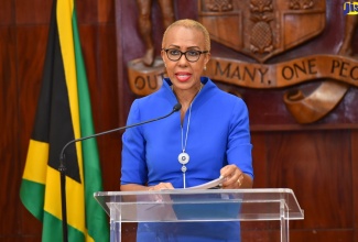 Minister of Education and Youth, Hon. Fayval Williams, addresses a press conference of the Education Transformation and Oversight Committee (ETOC) on Thursday (December 1) at Jamaica House in Kingston. 