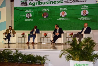 Minister of Agriculture and Fisheries, Hon. Pearnel Charles Jr. (second from left), addresses the Invest Jamaica 2022 Business Conference at the Montego Bay Convention Centre in St. James on November 30. Looking on (from left) are Managing Director of Jamaica Flour Mills, Derrick Nembhard; Operating Partner of Pegasus Capital Advisors, Michael Charske and Vice President of Jamaica Broilers Limited (Hi-Pro Division), Jaimie Ogilvie. 