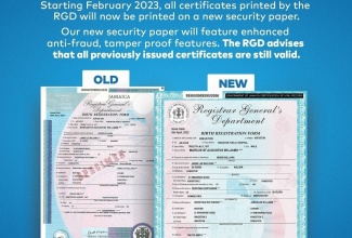 A sample of the new-look Registrar General’s Department (RGD)-issued birth certificate produced using a new security paper with enhanced features, relative to the current version. 