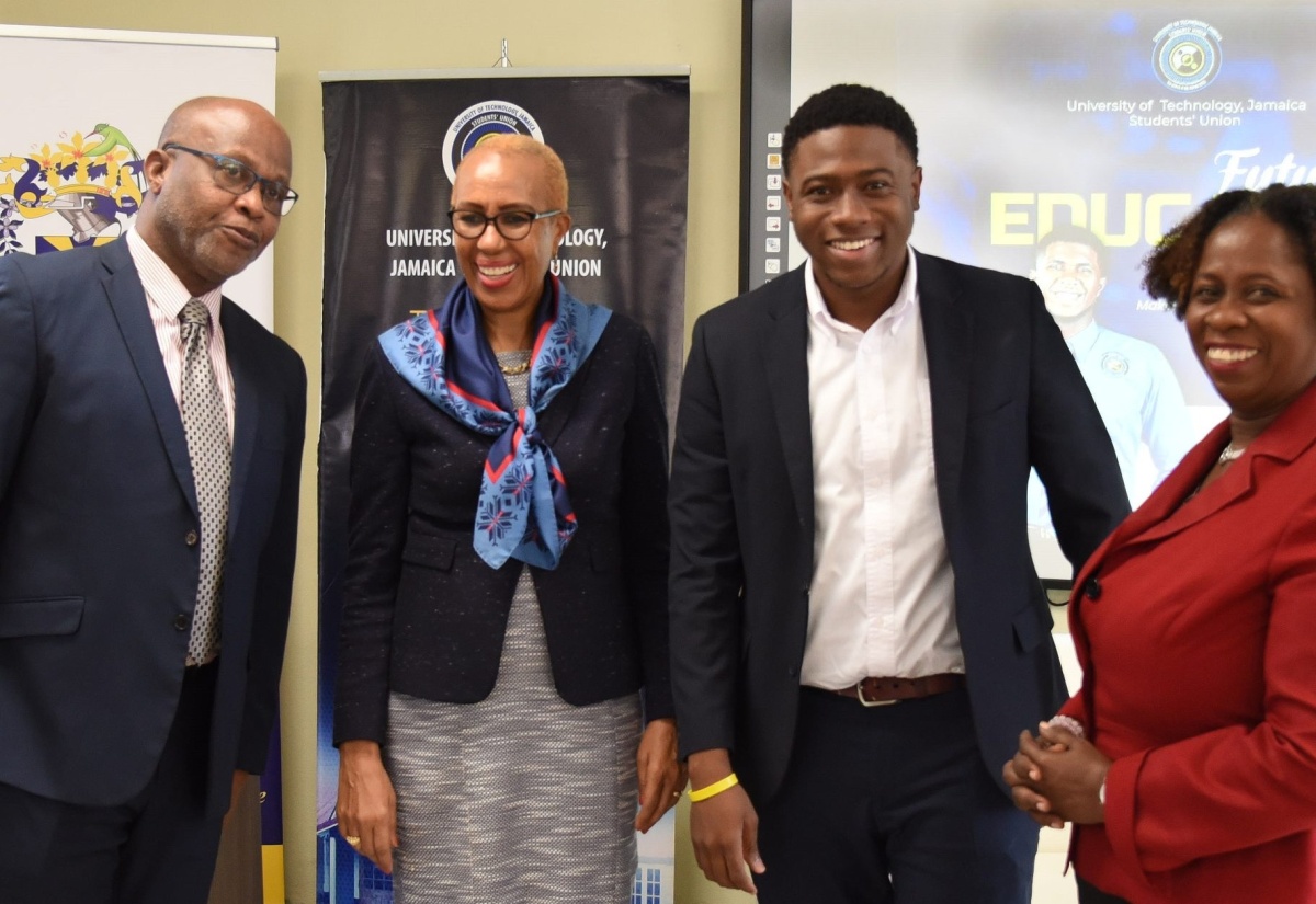 Education and Youth Minister, Hon. Fayval Williams (second left), with (from left) Commissioner/Chief Executive Officer, Jamaica Tertiary Education Commission (JTEC), Dr. Dameon Black;  President of the University of Technology (UTech) Jamaica Students’ Union, Tavoy Barrett and Assistant Registrar, Student Services, UTech Jamaica, Dorrset Gabbidon Pottinger. Event was UTech Jamaica Students’ Union Future of Education ‘Think Tank’, held on Tuesday (January 24) at the institution in St. Andrew.